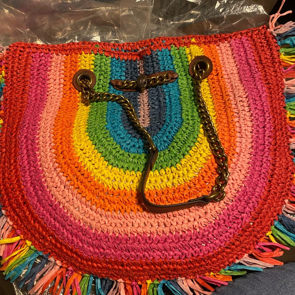 New Kurt Geiger crochet rainbow straw bag